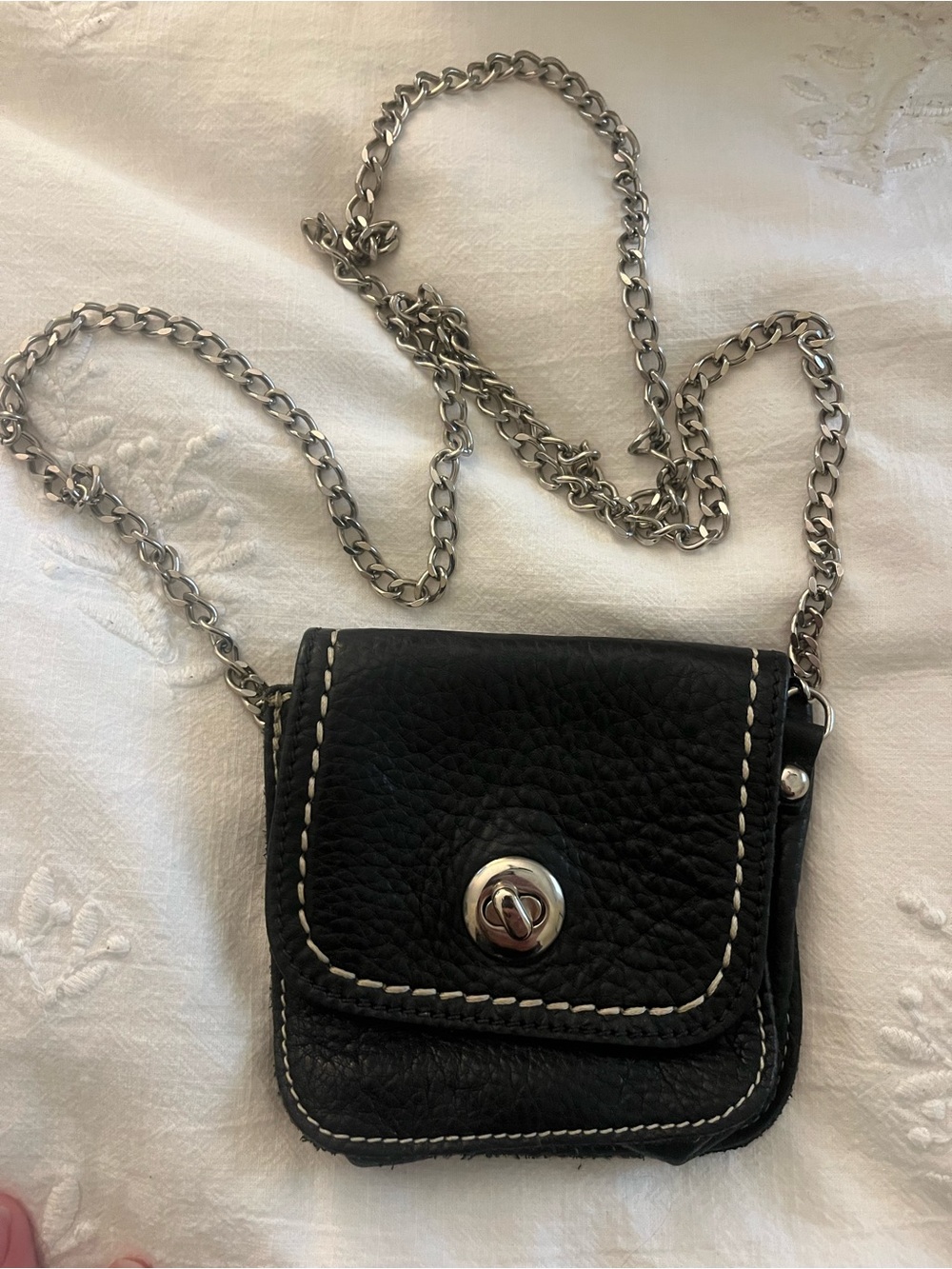 Vintage Roots Black Leather Purse with Silver Chain